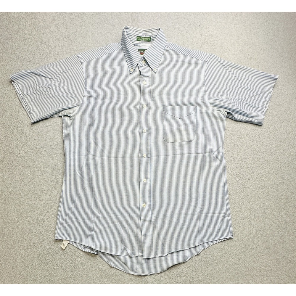 Savile Row Shirt Mens 16.5 Blue White Stripe Short Sleeve Button Up Made USA